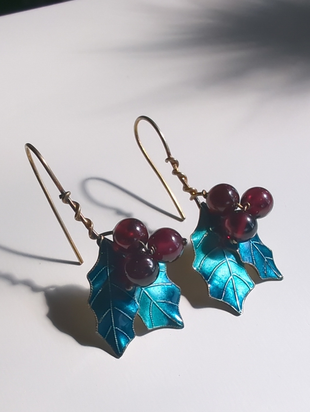 Vintage Enamel Holly Leaf Garnet Sterling Silver Gold Hook/Dangle/Drop Earrings